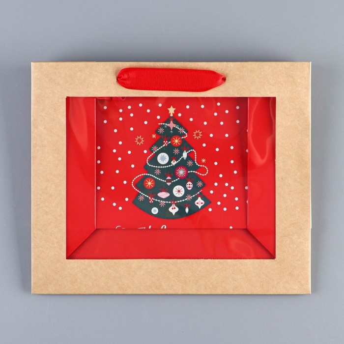 Пакет подарочный новогодний крафтовый с пластиковым окном &laquo;Новогодняя ёлка&raquo;, 24 х 20 х 11см