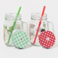 Набор кружек стеклянных Доляна &laquo;Яркий лимонад&raquo;, 2 предмета: 2 кружки с крышками и трубочками 450 мл