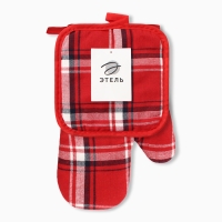 Новый год. Кухонный набор 2 пр. Этель Клетка цв.красный прих.17*17см, варежка-прихв. 26*16см,100%п/э