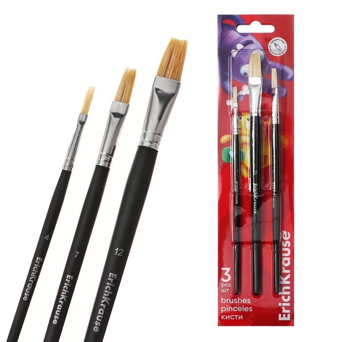 Набор кистей пони и щетина 3 штуки, ErichKrause Набор кистей пони и щетина 3 штуки, ErichKrause "JollyFriends" для акварели и гуаши, в блистере