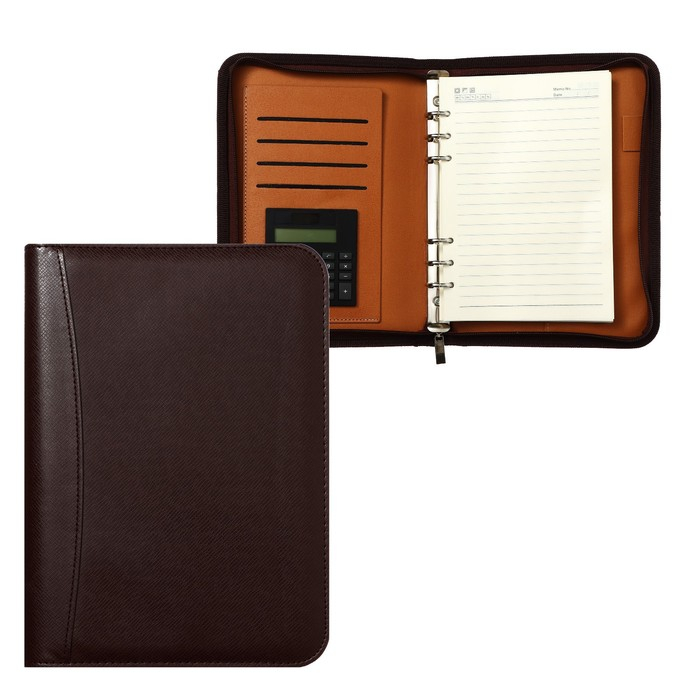 Органайзер на кольцах А5, 100 листов линейку, с калькулятором, на молнии, коричневый Органайзер на кольцах А5, 100 листов линейку, с калькулятором, на молнии, коричневый