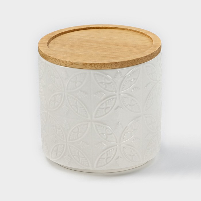 Банка для хранения сыпучих продуктов BellaTenero &laquo;Листья&raquo;, 300 мл, d=8,5 см, с бамбуковой крышкой, фарфоровая, цвет белый