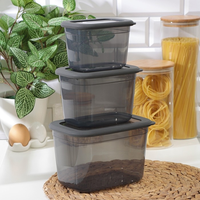 Набор ёмкостей для сыпучих продуктов «Респект», 3 шт, 0,8 л, 1,3 л, 2,3 л, прозрачные, крышка серая Набор ёмкостей для сыпучих продуктов «Респект», 3 шт, 0,8 л, 1,3 л, 2,3 л, прозрачные, крышка серая