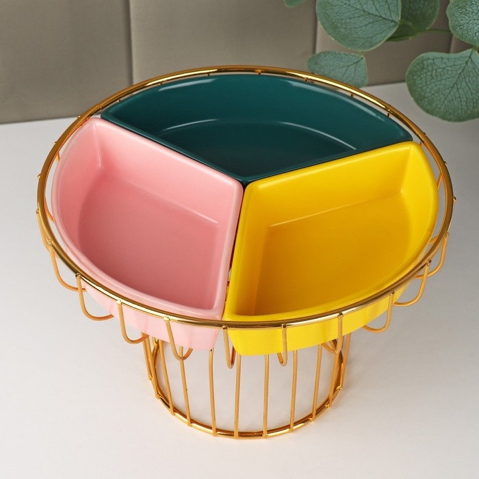 Менажница керамическая 3 ячейки на металлической подставке &laquo;Богема&raquo;, 22&times;14 см, цвет МИКС