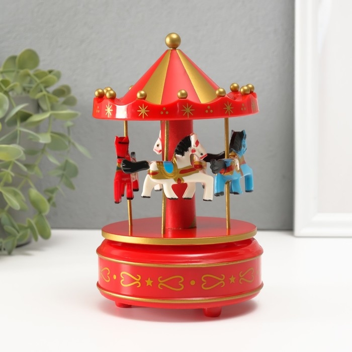 Сувенир пластик музыкальный механический "Карусель - лошадки" красный 10,5х10,5х17,5 см