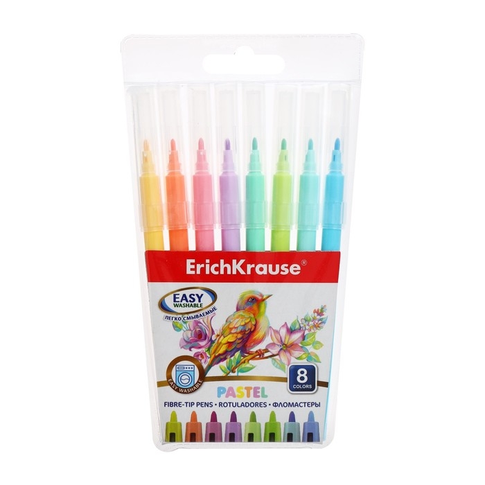Фломастеры 8 цветов ErichKrause Easy Washable Pastel, смываемые, вентилируемый колпачок, европодвес Фломастеры 8 цветов ErichKrause Easy Washable Pastel, смываемые, вентилируемый колпачок, европодвес