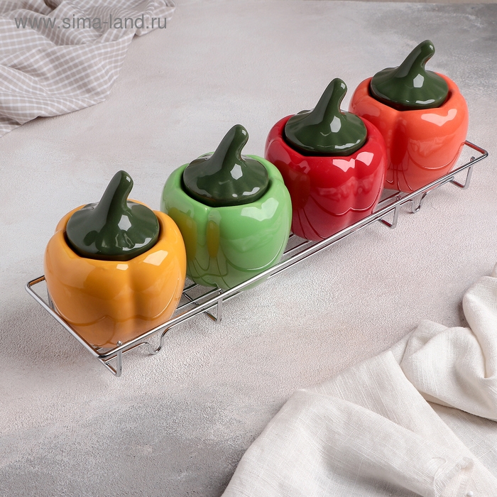 Набор банок керамических для сыпучих продуктов на металлической подставке «Перцы», 4 предмета: 400 мл Набор банок керамических для сыпучих продуктов на металлической подставке «Перцы», 4 предмета: 400 мл