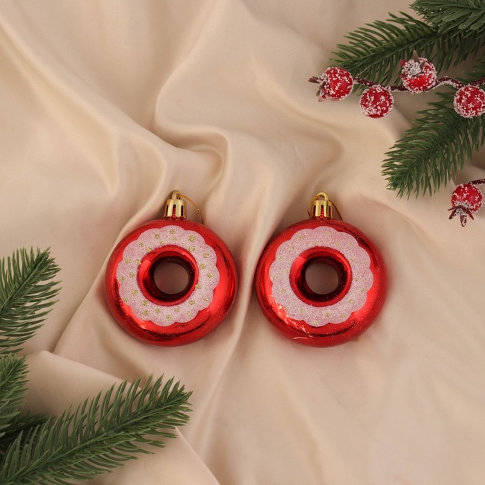 Украшение ёлочное "Пончик с полоской" (набор 2 шт) 7х6, красный