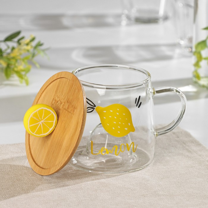 Кружка стеклянная с деревянной крышкой &laquo;Лимончик&raquo;, 350 мл