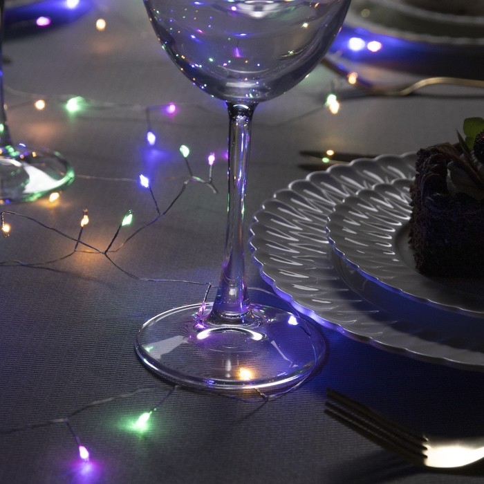 Гирлянда &laquo;Мишура&raquo; 5 м роса, IP20, серебристая нить, 100 LED, 2 режима, батарейки AAх3 (нет в комплекте), свечение мульти