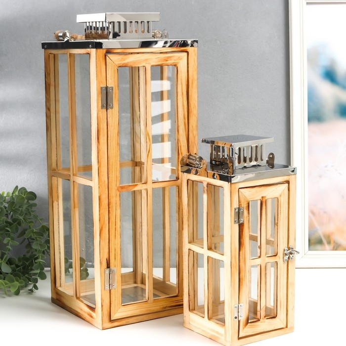 Подсвечник дерево Подсвечник дерево "Фонарь - большие окна" коричневый набор 2 шт 30х13х13; 49х18,5х18,5 см