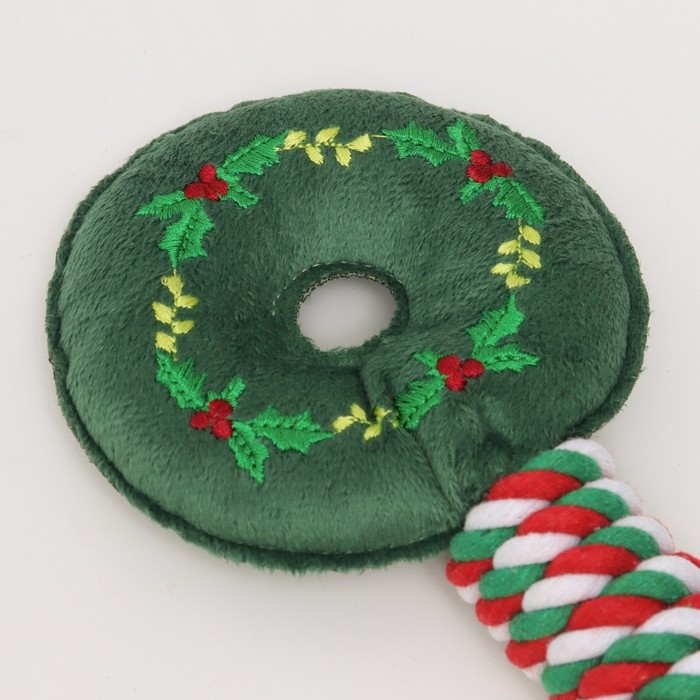 Игрушка пищащая, мягкая для собак "Новогодний пончик" с канатом, 32 см