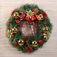 Венок новогодний d- 37 см "Уютная сказка" бант в клетку с колокольчиками