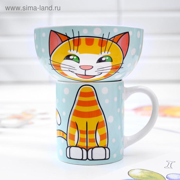 Набор детской посуды из керамики &laquo;Рыжий кот&raquo;, 2 предмета: кружка 200 мл, миска 300 мл