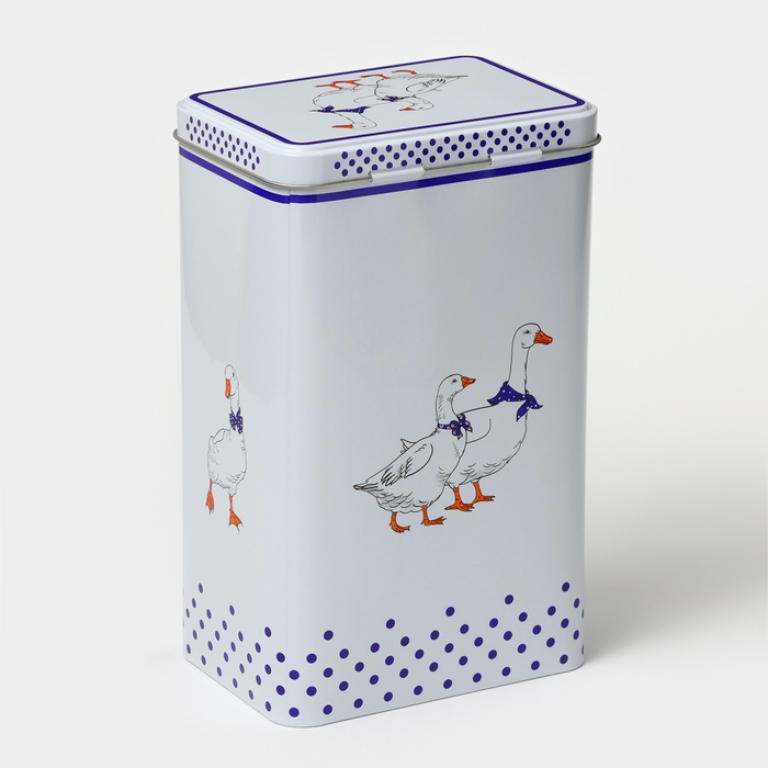 Банка для сыпучих продуктов &laquo;Гуси&raquo;, 2,7 л, 13,5 х 9,5 х 21,5 см, жесть, цвет белый в горох