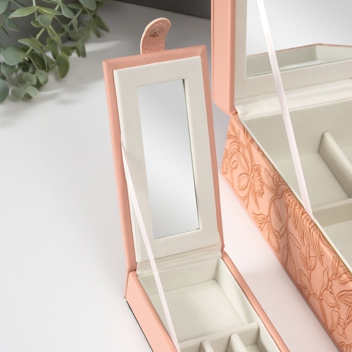 Шкатулка кожзам для украшений "Цветы" тиснение, розовая 25х25х8 см