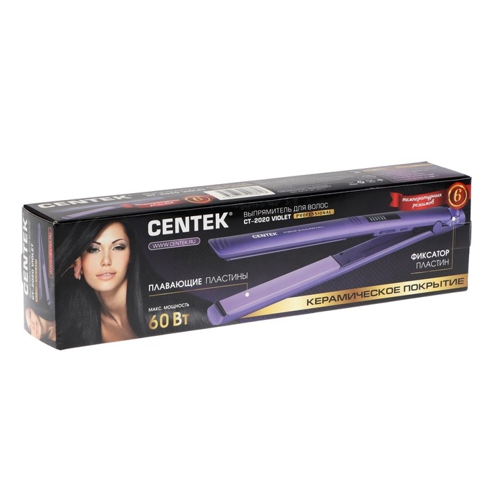 Выпрямитель Centek CT-2020, 60 Вт, керамическое покрытие, 125х25 мм, до 230&deg;С, фиолетовый