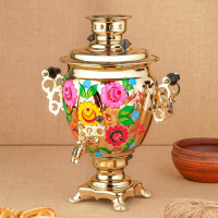 Набор «Цветы на золотом», жёлудь, 3 предмета, самовар 3 л, заварочный чайник 0,7 л, поднос Набор «Цветы на золотом», жёлудь, 3 предмета, самовар 3 л, заварочный чайник 0,7 л, поднос