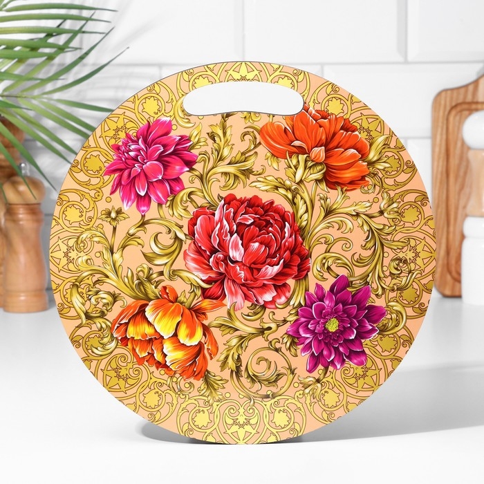 Доска разделочная и сервировочная круглая кухонная Доска разделочная и сервировочная круглая кухонная "Жостовская роспись", 25,5 см