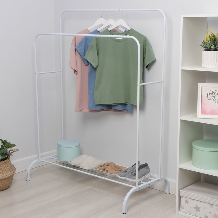 Вешалка двойная напольная металлическая для одежды, с полкой, 110&times;62&times;150 см, цвет белый
