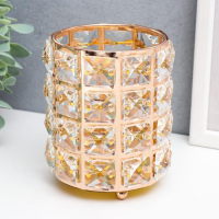 Подсвечник металл, стекло на 1 свечу "Кристаллы и цилиндр" золото 12х10х10 см
