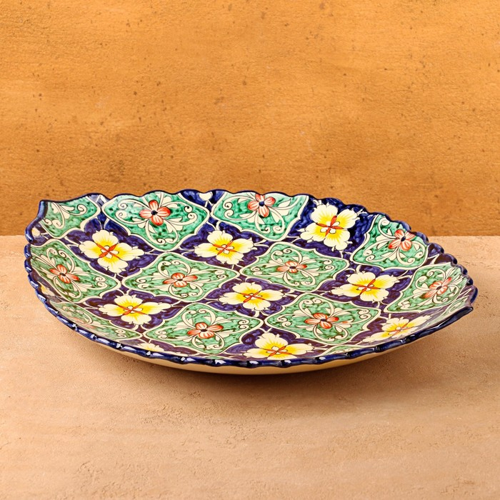 Ляган в форме листка, 41 см, синий, узор жёлтые цветы Ляган в форме листка, 41 см, синий, узор жёлтые цветы