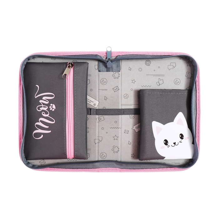Пенал 1 секция 140 х 210 х 40 мм, откидной карман и косметичка, тканевый, Calligrata TOP Content Пенал 1 секция 140 х 210 х 40 мм, откидной карман и косметичка, тканевый, Calligrata TOP Content "Котик"