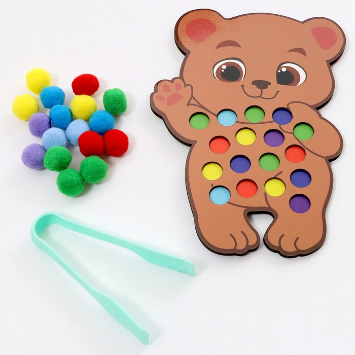 Сортер деревянный &laquo;Мишка&raquo; с помпонами и пинцетом, 15 х 21 см