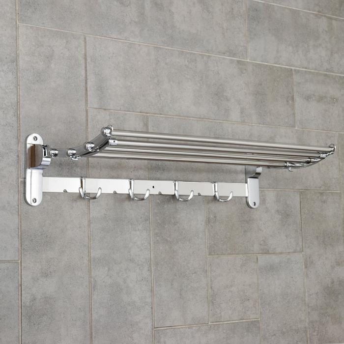 Полка откидная с держателем полотенец, 4 двойных крючка, 59,5×26×14 см, цвет хром Полка откидная с держателем полотенец, 4 двойных крючка, 59,5×26×14 см, цвет хром