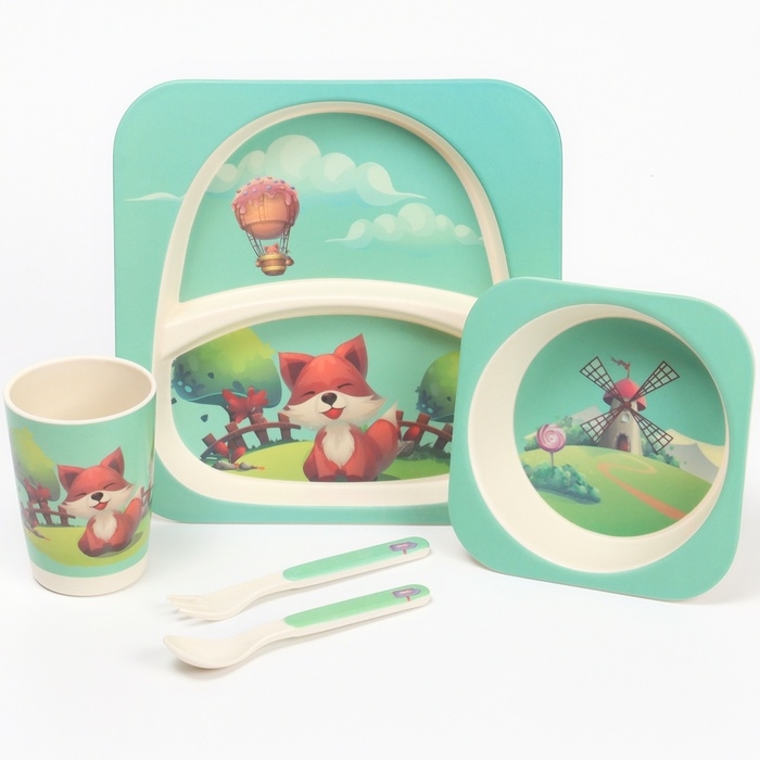 Набор бамбуковой посуды &laquo;Мельница&raquo;, 5 предметов: тарелка, миска, стакан, вилка, ложка