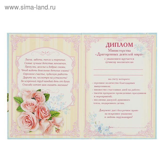 Диплом "Лучшего воспитателя", 21,5 &times; 15,2 см