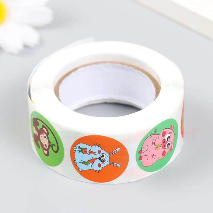 Наклейка бумага Наклейка бумага "Весёлый зоопарк" d=2,5 см 500 шт в рулоне 3х6,5х6,5 см