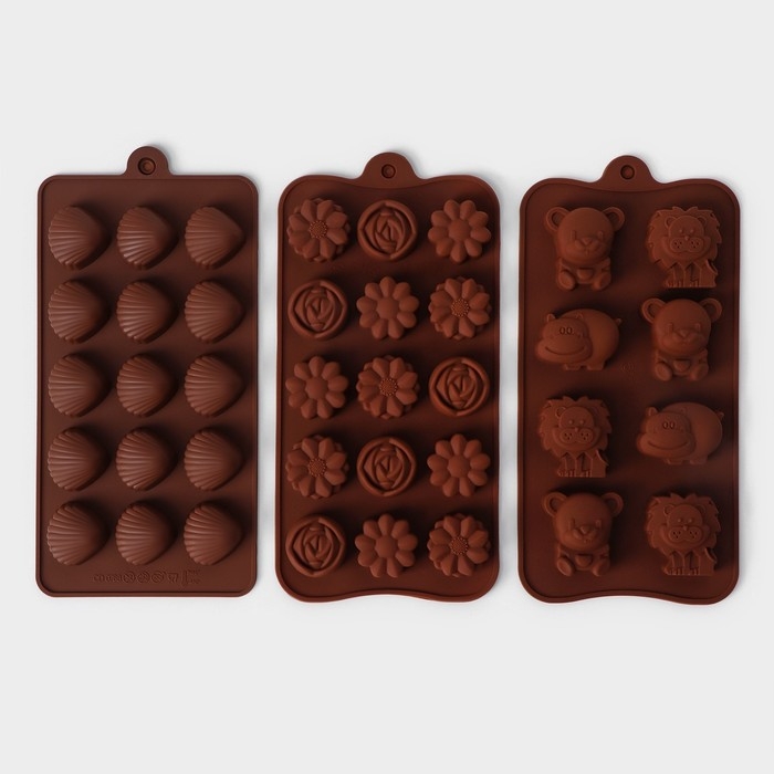Набор форм для конфет и шоколада Доляна &laquo;Ассорти&raquo;, 3 шт, силикон, цвет коричневый