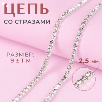 Цепь со стразами, металл, стекло, 2,5 мм, 9 ± 1 м, цвет серебряный Цепь со стразами, металл, стекло, 2,5 мм, 9 ± 1 м, цвет серебряный