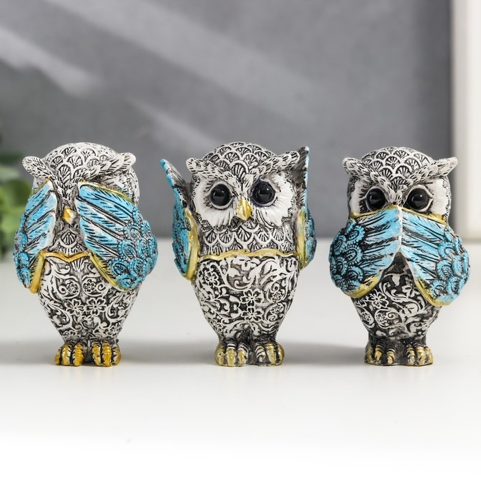 Сувенир полистоун Сувенир полистоун "Филин - не вижу, не слышу, не скажу" серо-голубой МИКС 7х4,5х3,5 см