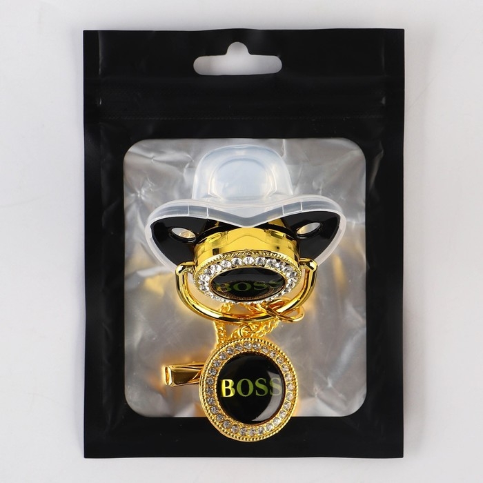 Соска - пустышка силиконовая ортодонтическая &laquo;BOSS&raquo;, от 6 мес., с колпачком + держатель - цепочка, цвет черный/золото, стразы