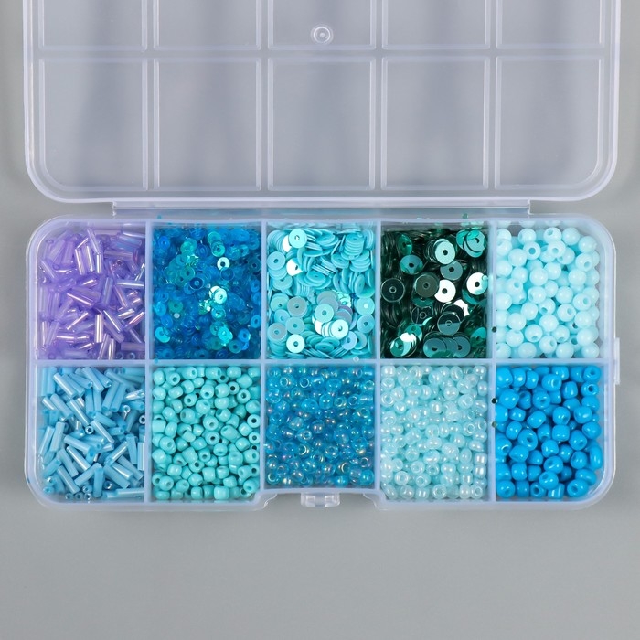 Бисер стекло 6/0, 12/0 в шкатулке "Голубой" стеклярус и пайетки 12,5х6,5х2 см