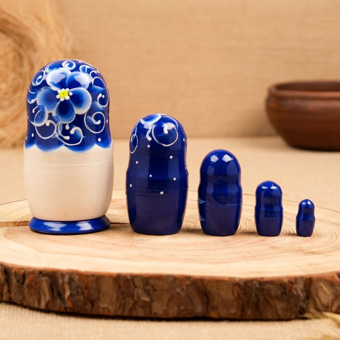 Матрёшка 5-ти кукольная "Нина" синяя , 13см, ручная роспись.