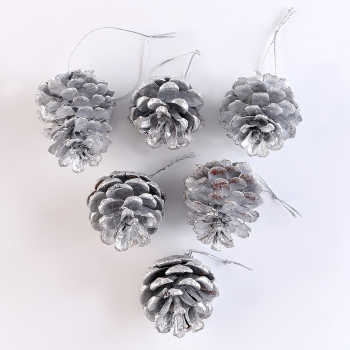 Новый год! Набор декоративных шишек, 6 шт., в серебрянном цвете, 17,5 &times; 11,5 &times; 6 см