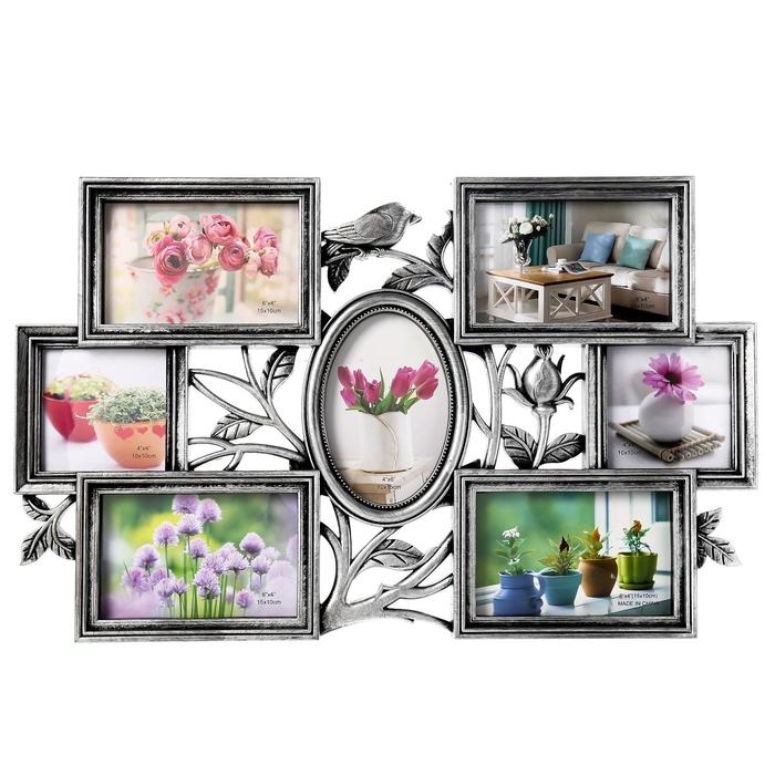 Фоторамка пластик на 7 фото 10х10, 10х15 см Фоторамка пластик на 7 фото 10х10, 10х15 см "Птица и шиповник" серебро 33,5х52 см