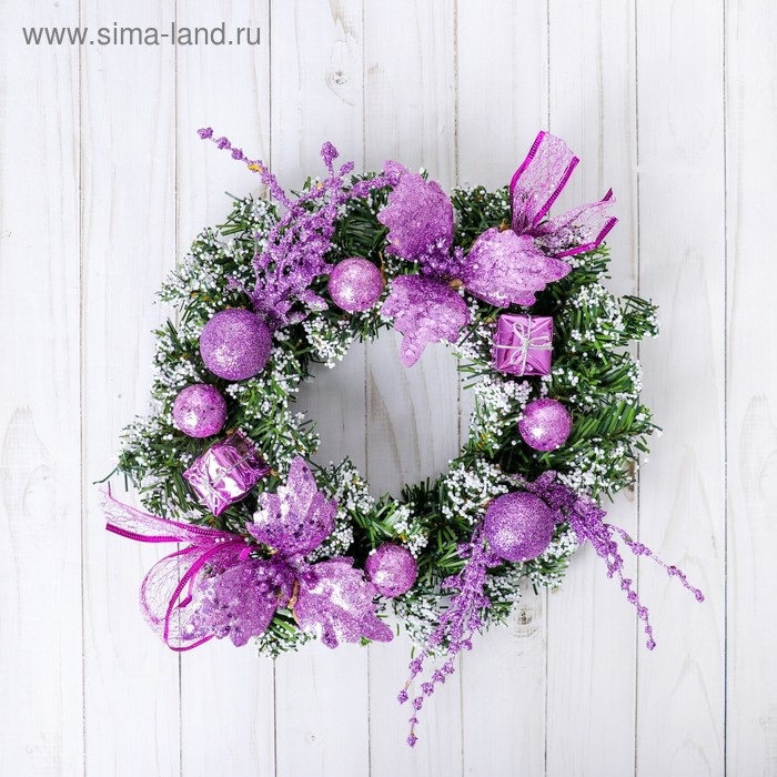 Венок новогодний d-24 см "Шарики и цветы" сиреневый