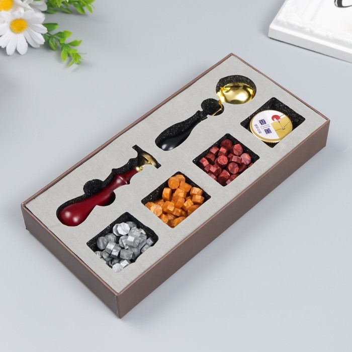 Сургучный набор Сургучный набор "Крупная роза" печать, ручка, ложка, воск - 3 цвета, свеча 3,5х11х23 см