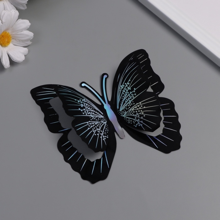 Наклейка пластик "Бабочки чёрные с серебром" двойные крылья набор 12 шт 12 см, 10 см 8 см