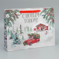 Пакет подарочный новогодний крафтовый горизонтальный &laquo;Новогодняя история&raquo;, L 40 х 31 х 11.5 см, Новый год