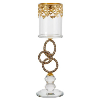 Подсвечник стекло на 1 свечу "Сплетение колец и восточный узор" золото, стразы 27х6,8х6,8 см   55153