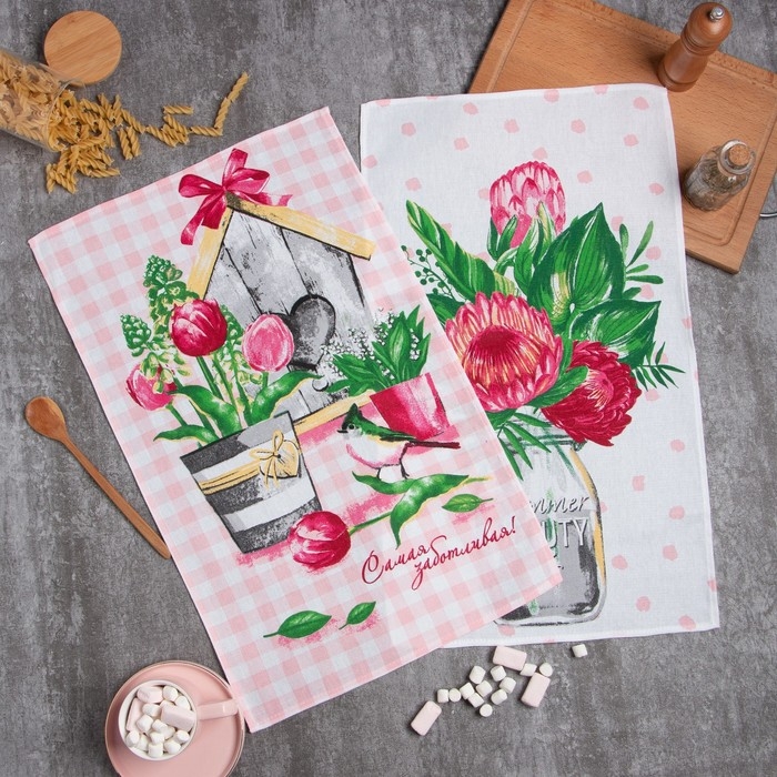 Набор кухонных полотенец Доляна &laquo;Самой заботливой&raquo;, 35х60см-2шт, 100% хл