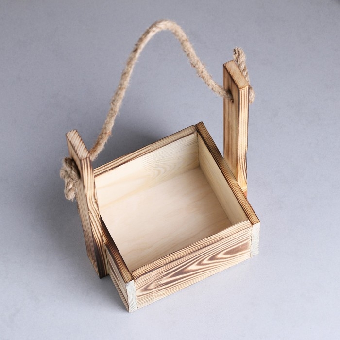 Кашпо деревянное 15&times;12&times;25 см "Ажур", прямоугольное, ручка верёвка, обжиг Дарим Красиво