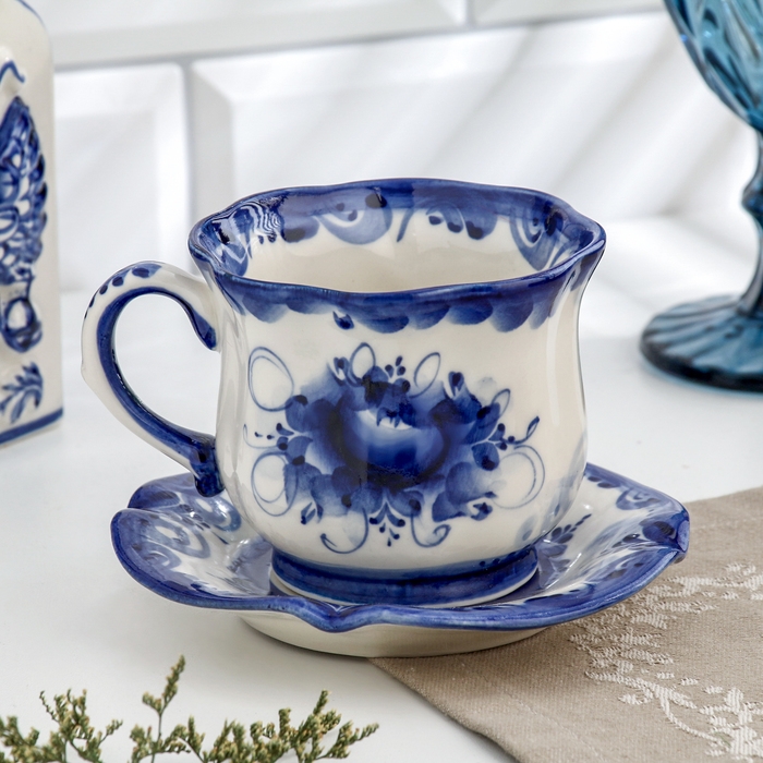 Чайная гжель «Ромашка», бело-синий,керамика, Чайная гжель «Ромашка», бело-синий,керамика,