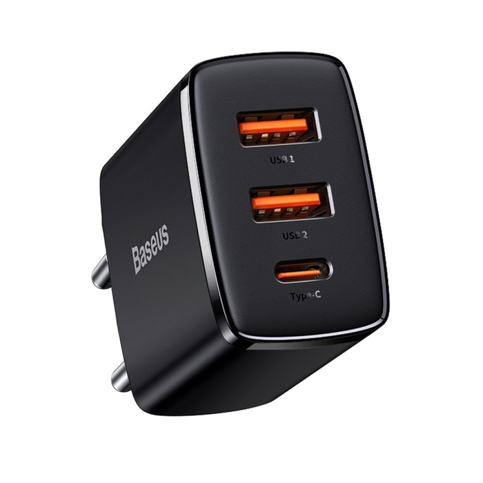 Зарядное устройство Baseus Compact Quick Charger 2*USB+USB-C, 3A, 30W, черный Зарядное устройство Baseus Compact Quick Charger 2*USB+USB-C, 3A, 30W, черный