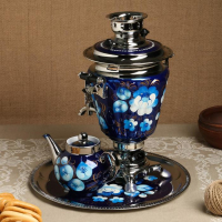 Набор &laquo;Жостово на синем&raquo;, рюмка, 3 предмета, самовар 3 л, заварочный чайник 0,7 л, поднос